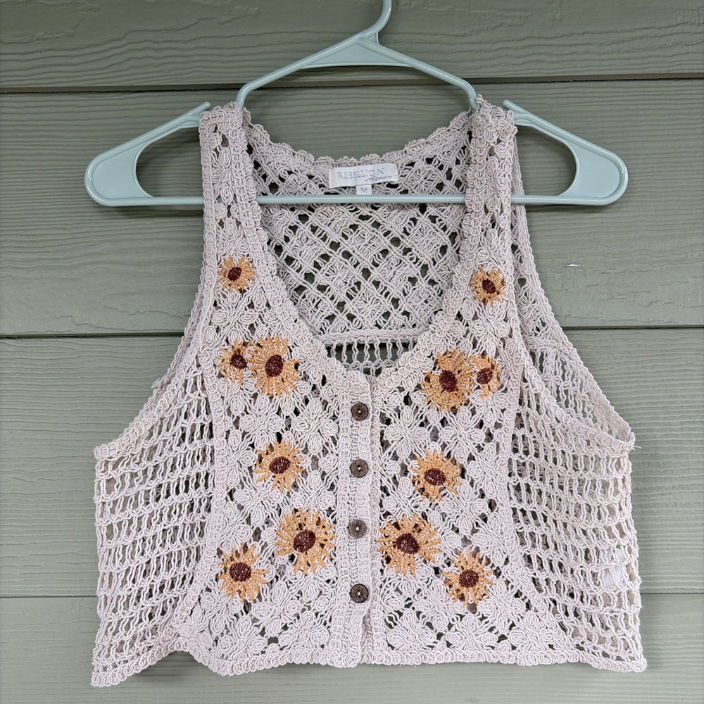Rebellion Crochet Crop Top in Light Pink with Sunflower Embroidery - Picture 1 of 7